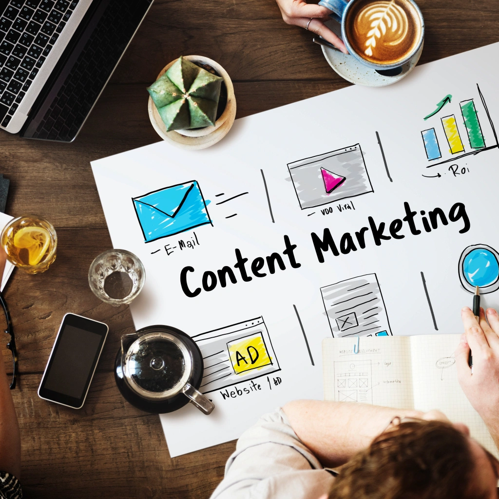 Tim Marketing Merancang Strategi Content Marketing Di Atas Meja Kerja.